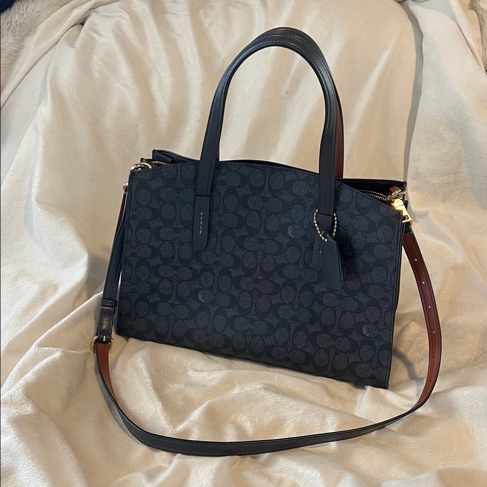 Coach Brown Gray 31210 Charlie carryall Leather Bag signature gold hardware nice